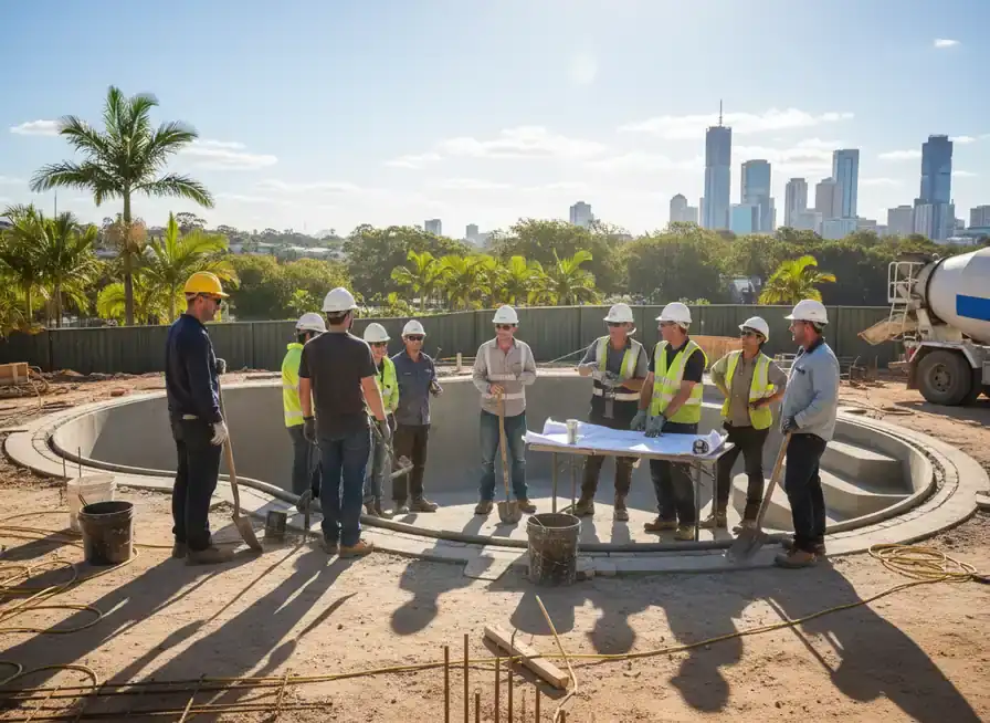 concrete pools brisbane: Workers in hard hats and hi-vis stand around a concrete pool shell with a blueprint on a table