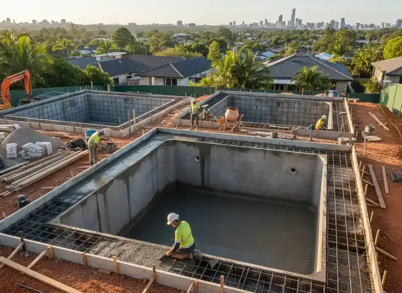 concrete pools brisbane: Several concrete pool shells under construction on a cleared site, with rebar grids and a small excavator
