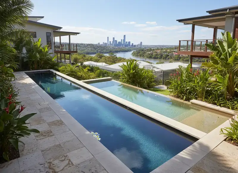 concrete pools brisbane: Long lap pool with stone paving and a raised spa beside it, surrounded by tropical plants