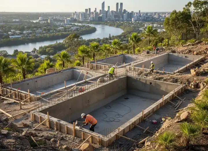 concrete pools brisbane: Workers spray and compact a freeform concrete pool surface, with tarps and buckets on the ground