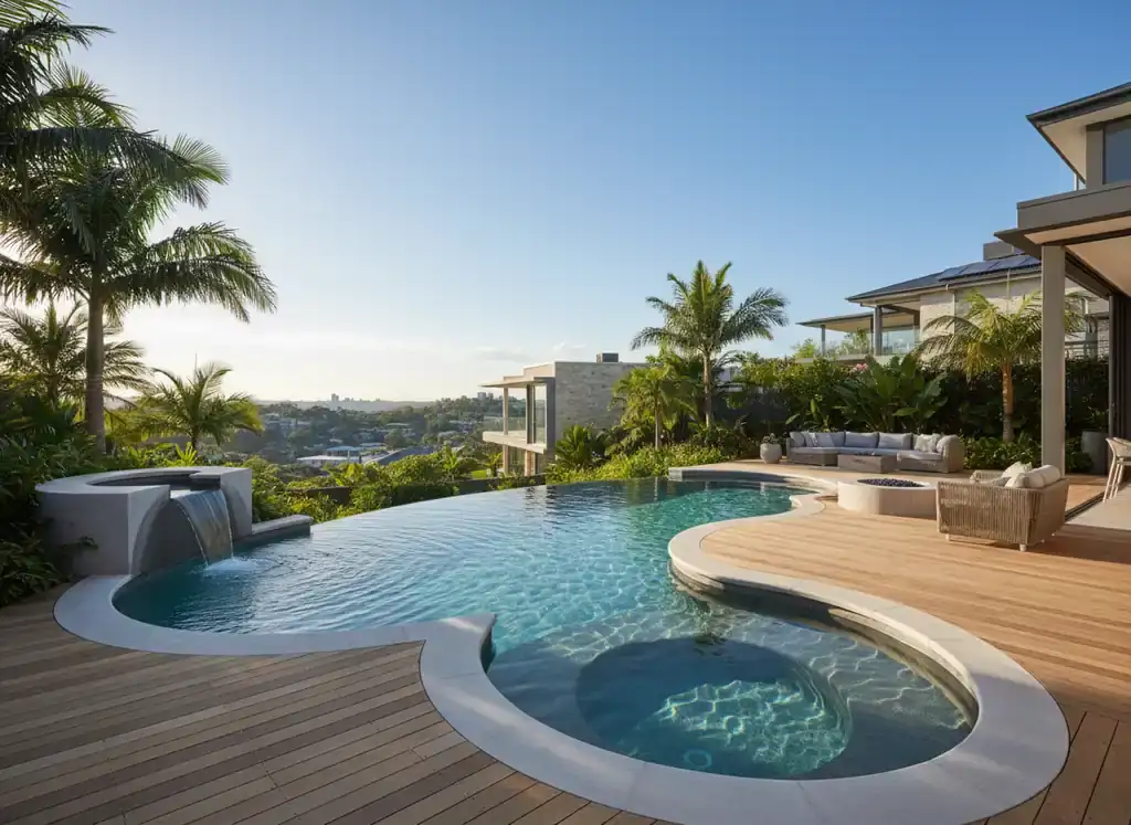 concrete pools brisbane: Infinity-edge pool with a waterfall spout, round spa and timber deck in a tropical garden