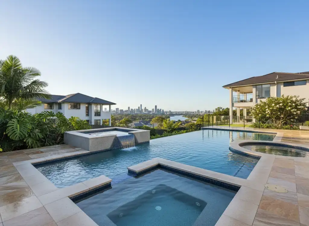 concrete pools brisbane: Infinity pool with a raised spa and waterfall, stone-paved surround and a square spa in front