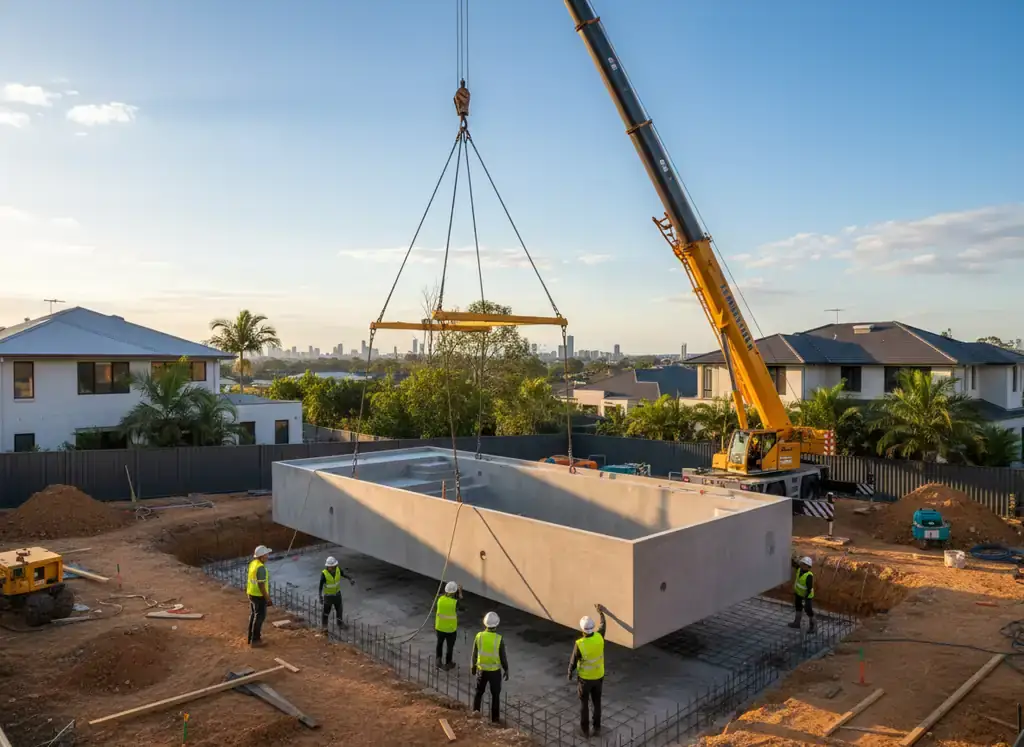 concrete pools brisbane: Crane lifts a precast concrete pool shell over a steel-mesh base beside houses